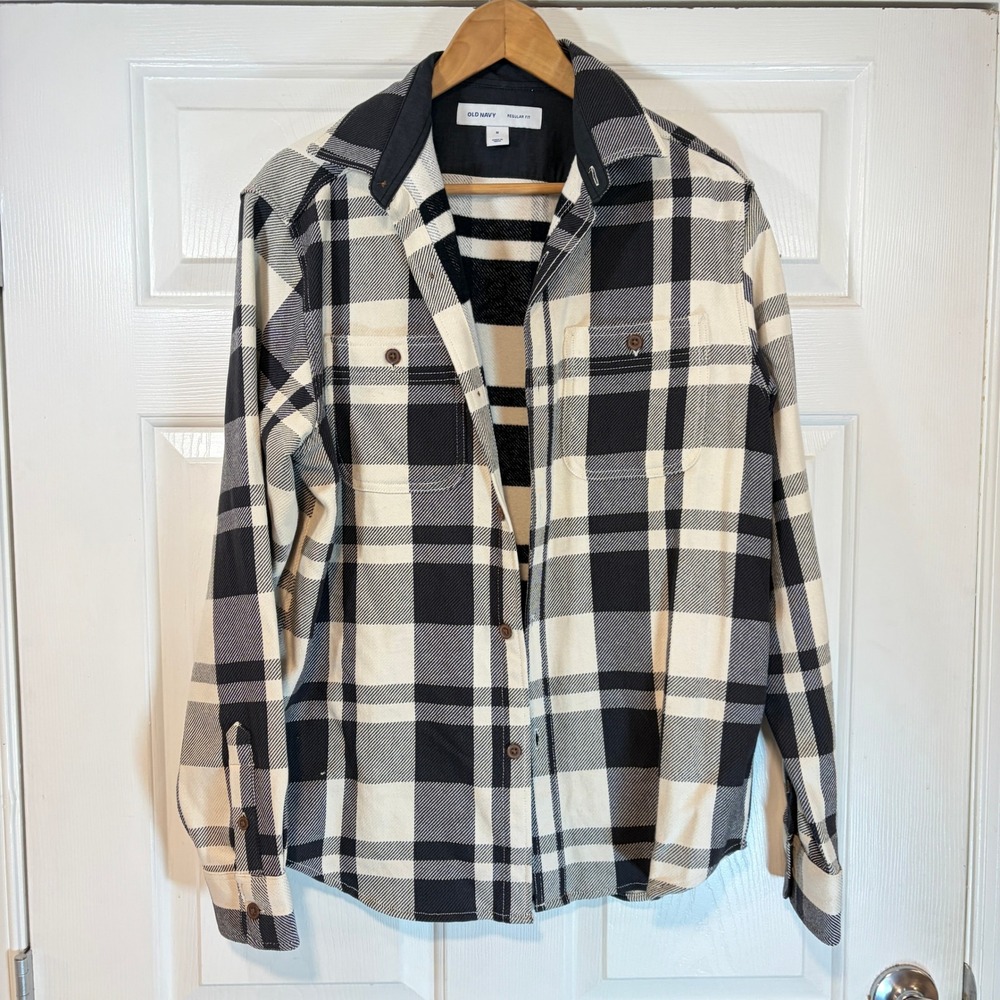 Old Navy Men Cotton Flannel Black White Plaid Button Up Shirt M Street Casual